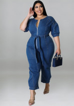 Plus Size Women summer short-sleeved zipper Denim Jumpsuit Plus Size Women summer short-sleeved zipper Denim Jumpsuit
