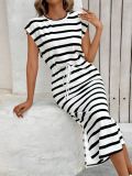 Women Round Neck black and white striped slit Dress