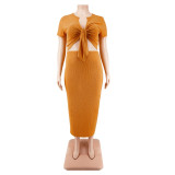 Women Summer Casual Lace Up Crop Top and Skirt Two-piece Set