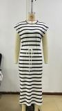 Women Round Neck black and white striped slit Dress