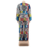 Plus Size Women Print V-neck Long Sleeve Jumpsuit