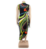 Plus Size Women irregular print Lace-Up Bodycon Dress