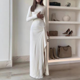 Women elegant Slash Shoulder collar pleated high collar long sleeve irregular slit dress