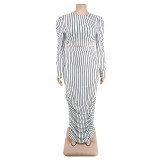 Women Summer Striped Print Bubble Long Sleeve Top and Skirt Two-piece Set