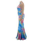 Plus Size Women Summer Sexy Print Sleeveless Crop Top and Skirt Two-piece Set