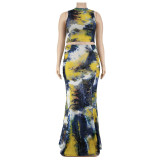 Plus Size Women Summer Sexy Print Sleeveless Crop Top and Skirt Two-piece Set