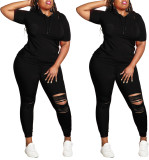 Women Summer Solid Hooded Short-Sleeved Top and Pants Two-Piece Set