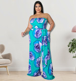 Plus Size Women summer sleeveless rose flower Strapless Jumpsuit