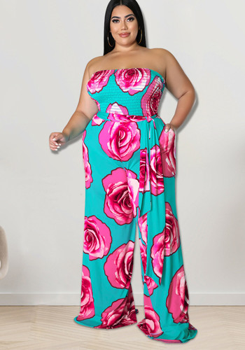 Plus Size Women summer sleeveless rose flower Strapless Jumpsuit