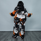 Plus Size Women Spring Bubble Sleeve Print Jumpsuit