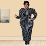 Women Summer Striped Print Bubble Long Sleeve Top and Skirt Two-piece Set