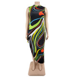 Plus Size Women irregular print Lace-Up Bodycon Dress