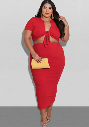 Women Summer Casual Lace Up Crop Top and Skirt Two-piece Set