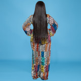 Plus Size Women Print V-neck Long Sleeve Jumpsuit