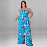 Plus Size Women summer sleeveless rose flower Strapless Jumpsuit