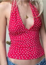 Women Holidays sexy polka dot print V Neck Halter Neck Backless Top Women Holidays sexy polka dot print V Neck Halter Neck Backless Top