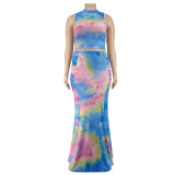 Plus Size Women Summer Sexy Print Sleeveless Crop Top and Skirt Two-piece Set