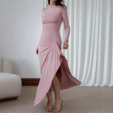 Women elegant Slash Shoulder collar pleated high collar long sleeve irregular slit dress
