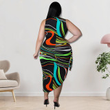 Plus Size Women irregular print Lace-Up Bodycon Dress