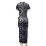 Women Summer Retro Short-Sleeved Printed Round Neck Maxi Dress