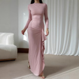 Women elegant Slash Shoulder collar pleated high collar long sleeve irregular slit dress