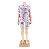 Plus Size Women Summer Print Top and Shorts Two-piece Set