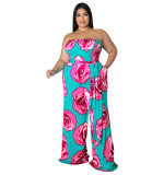 Plus Size Women summer sleeveless rose flower Strapless Jumpsuit