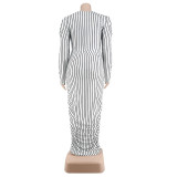 Women Summer Striped Print Bubble Long Sleeve Top and Skirt Two-piece Set
