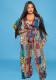 Plus Size Women Print V-neck Long Sleeve Jumpsuit