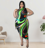 Plus Size Women irregular print Lace-Up Bodycon Dress