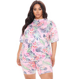 Plus Size Women Summer Print Top and Shorts Two-piece Set