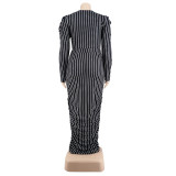 Women Summer Striped Print Bubble Long Sleeve Top and Skirt Two-piece Set