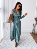 Spring Long Sleeve V-Neck Bohemian Polka Dot Print Long Dress