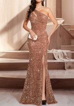 Sexy Sequin One-Shoulder Split Fishtail Evening Dress Sexy Sequin One-Shoulder Split Fishtail Evening Dress