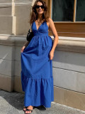 Spring Summer Holidays Style Blue V Neck Strap Low Back Long Dress