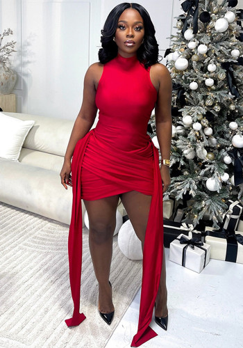 Fashion Women's Pleated Patchwork Lace-Up Slim Casual Solid Color Stand Collar Short Bodycon Dress