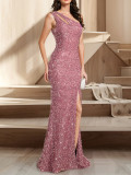 Sexy Sequin One-Shoulder Split Fishtail Evening Dress