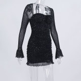 Sexy See-Through Mesh Long-Sleeved Sequined Square Neck Low Back Dress