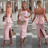 Spring Women's Clothing Strapless Sexy Split Fashion Two Piece Skirt Set
