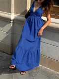 Spring Summer Holidays Style Blue V Neck Strap Low Back Long Dress