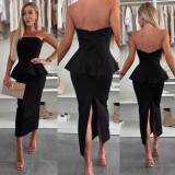 Spring Women's Clothing Strapless Sexy Split Fashion Two Piece Skirt Set