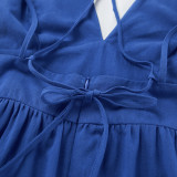 Spring Summer Holidays Style Blue V Neck Strap Low Back Long Dress