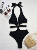 Sexy Solid Color One-Piece Halter Neck Hollow Beach Swimsuit