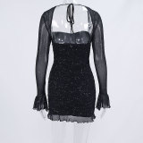 Sexy See-Through Mesh Long-Sleeved Sequined Square Neck Low Back Dress
