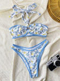 Sexy Print Halter Neck Low Back Bikini Swimsuit
