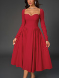 Sexy Long-Sleeved Low Back Lace-Up A-Line Solid Color Pleated Dress