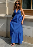 Spring Summer Holidays Style Blue V Neck Strap Low Back Long Dress