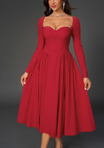 Sexy Long-Sleeved Low Back Lace-Up A-Line Solid Color Pleated Dress