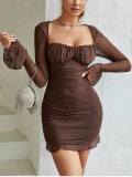 Sexy See-Through Mesh Long-Sleeved Sequined Square Neck Low Back Dress