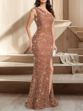 Sexy Sequin One-Shoulder Split Fishtail Evening Dress